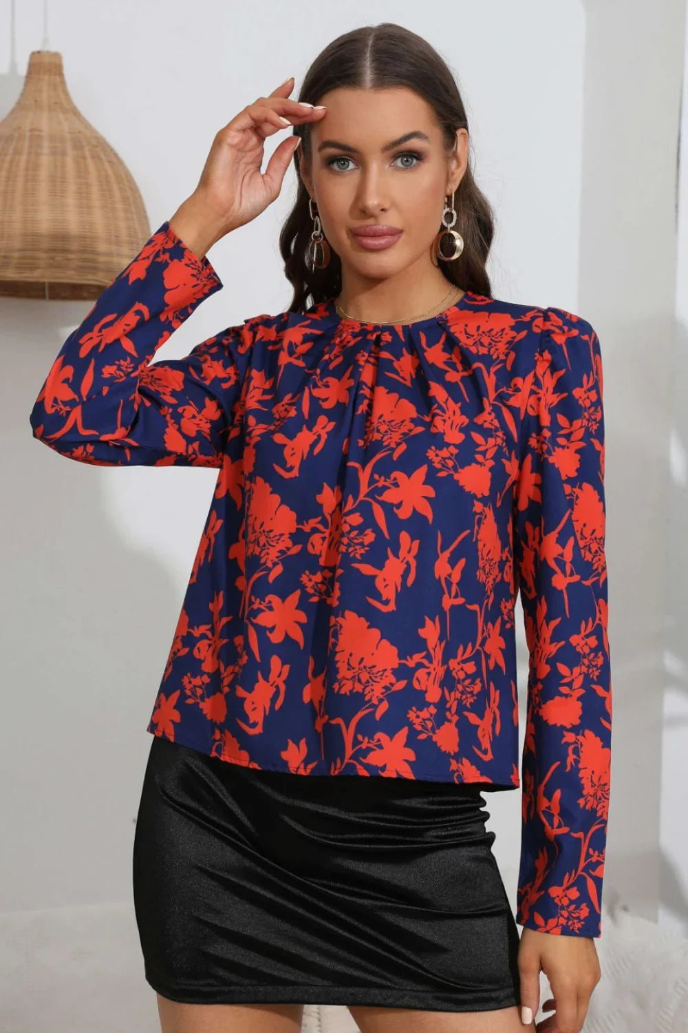 Floral Long Puff Sleeve Blouse With Ruched Neckline Casual - Southern Shores Clothing