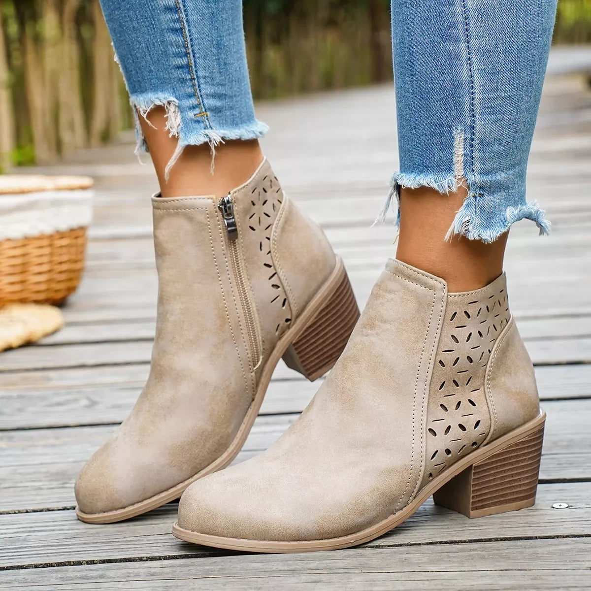 Round Toe Block Heel Ankle Boots Mid Heel - Southern Shores Clothing