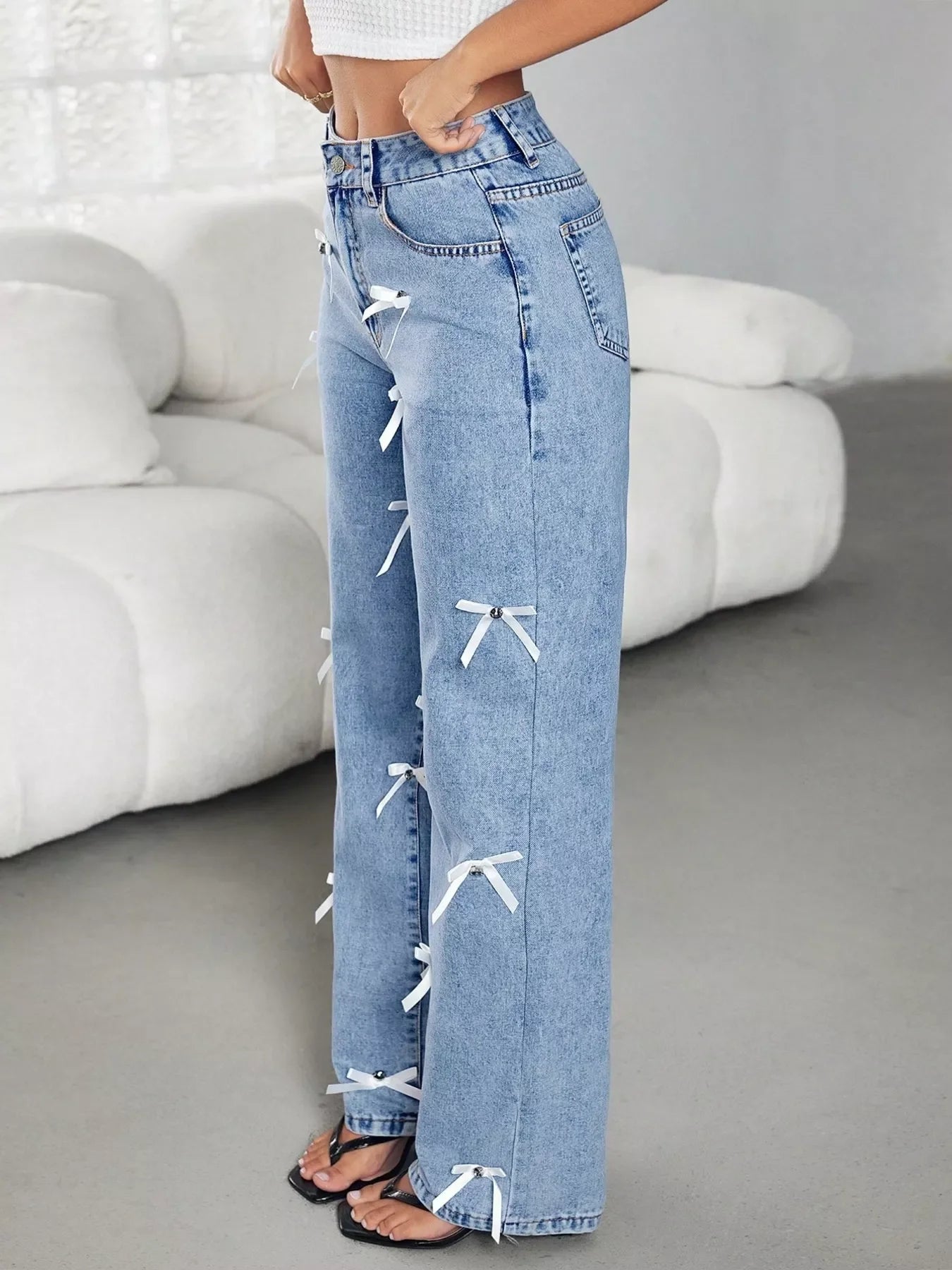 High Waist Wide Leg Denim Jeans With Coastal Bow Decor - Southern Shores Clothing