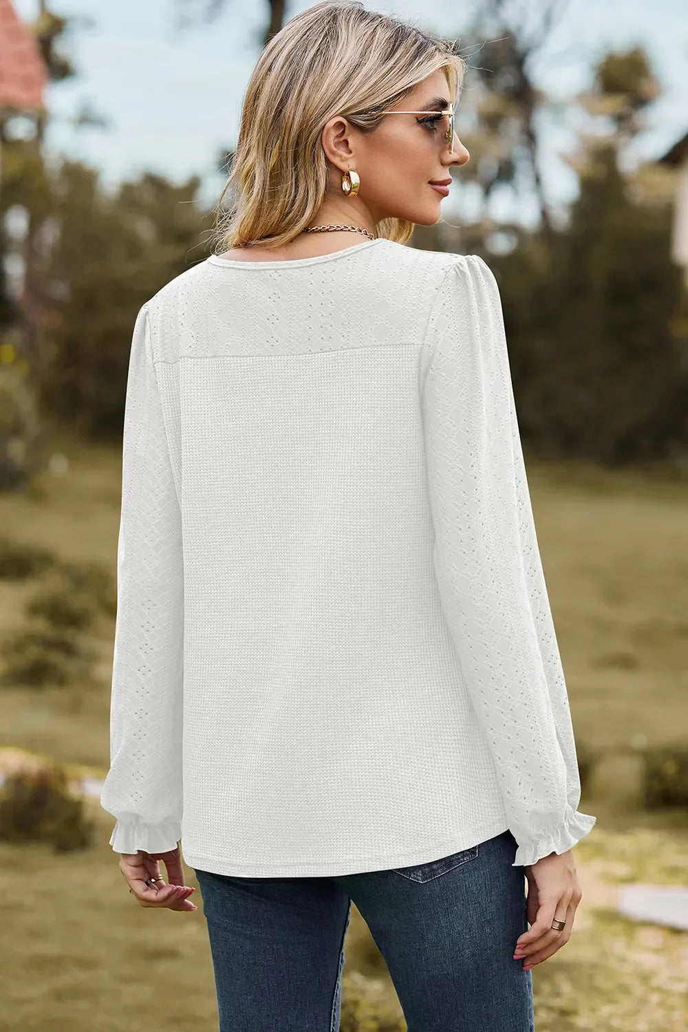 Eyelet Round Neck Flounce Sleeve T-Shirt - Southern Shores Clothing