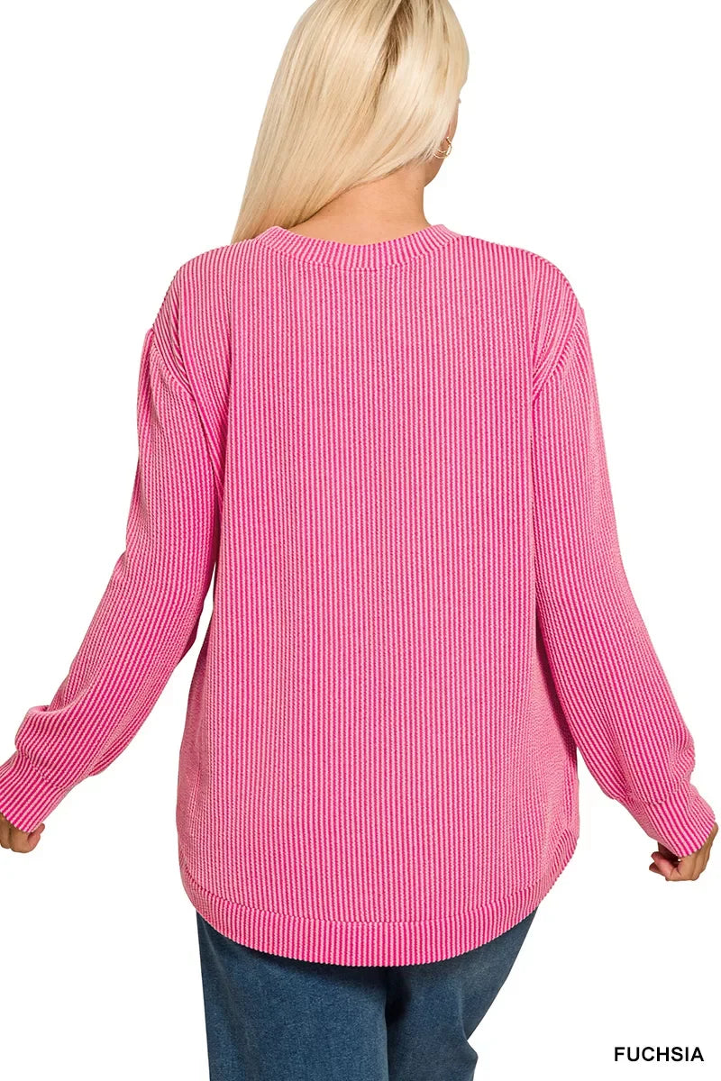 Raised Rib Round Neck Long Sleeve Top Plus Size - Southern Shores Clothing