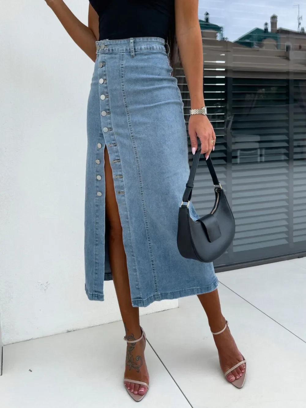 Midi Denim Skirt With Front Button Slit Style - Southern Shores Clothing