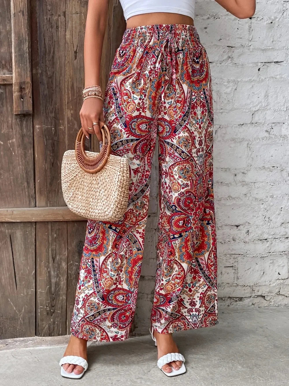 Printed Wide Leg Pants With Paisley Print Drawstring Waist - Southern Shores Clothing