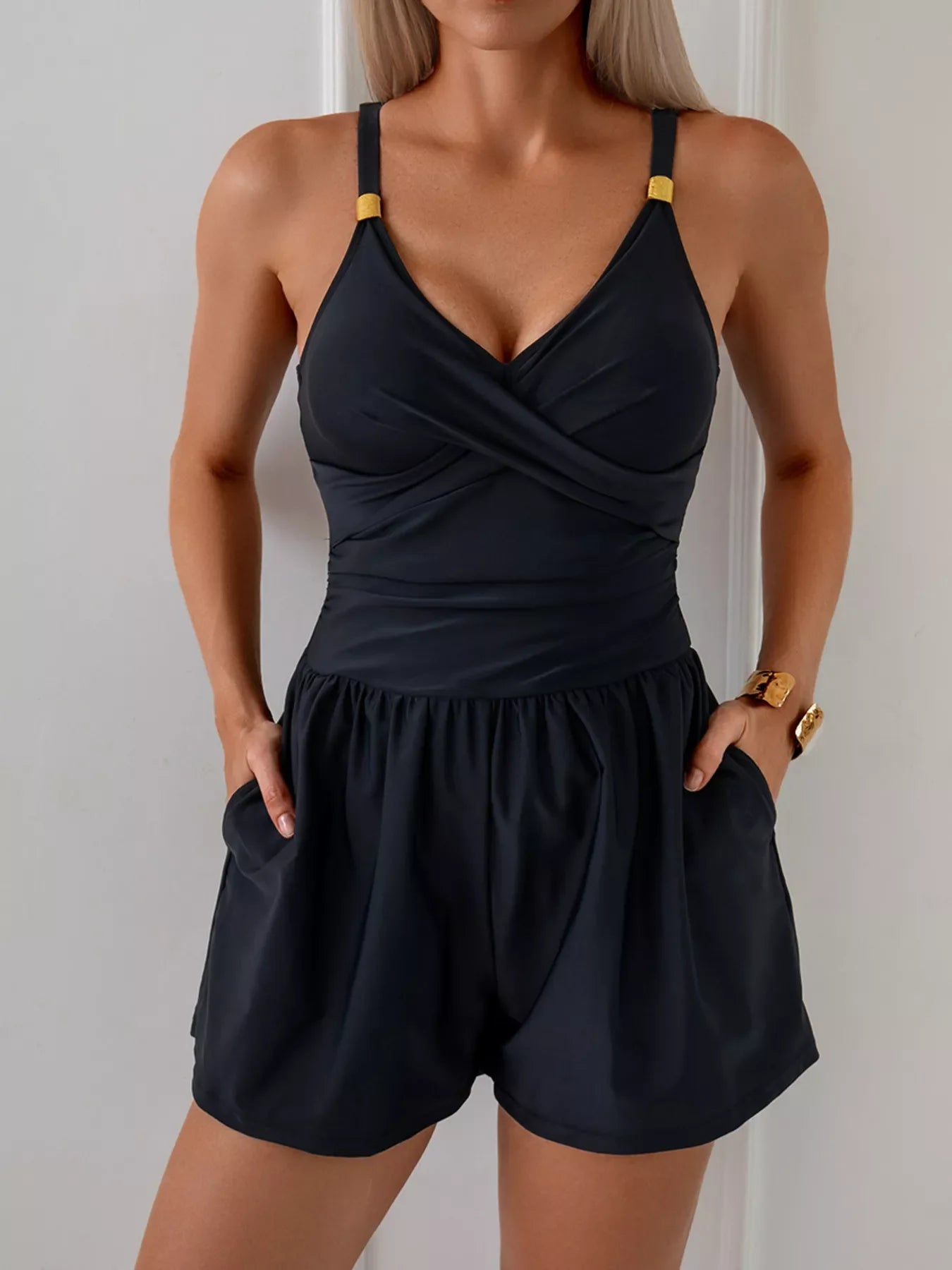V-Neck Spaghetti Strap One-Piece Swimsuit With Stretch Fabric - Southern Shores Clothing