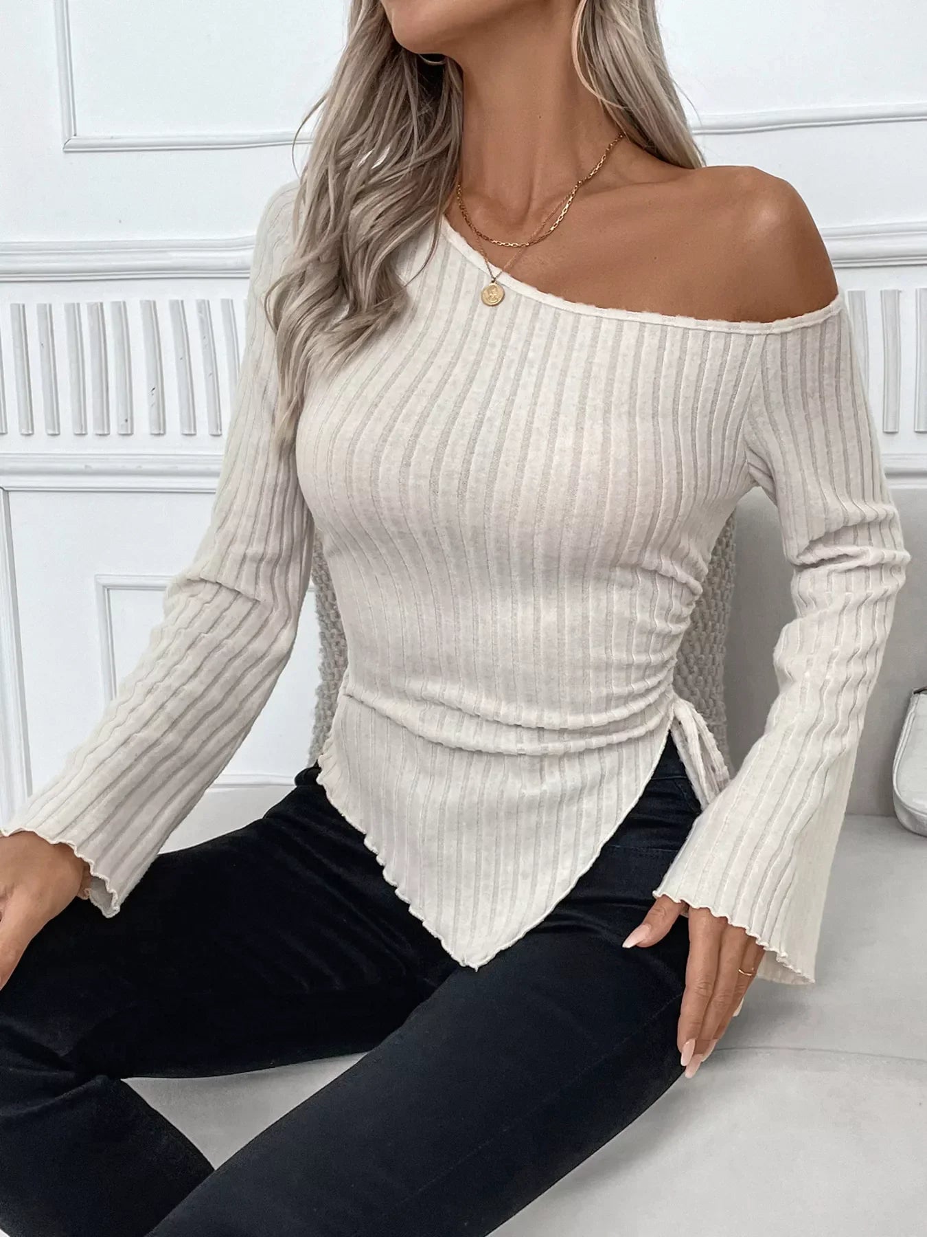 Ribbed One Shoulder Asymmetrical Hem T-Shirt - Southern Shores Clothing