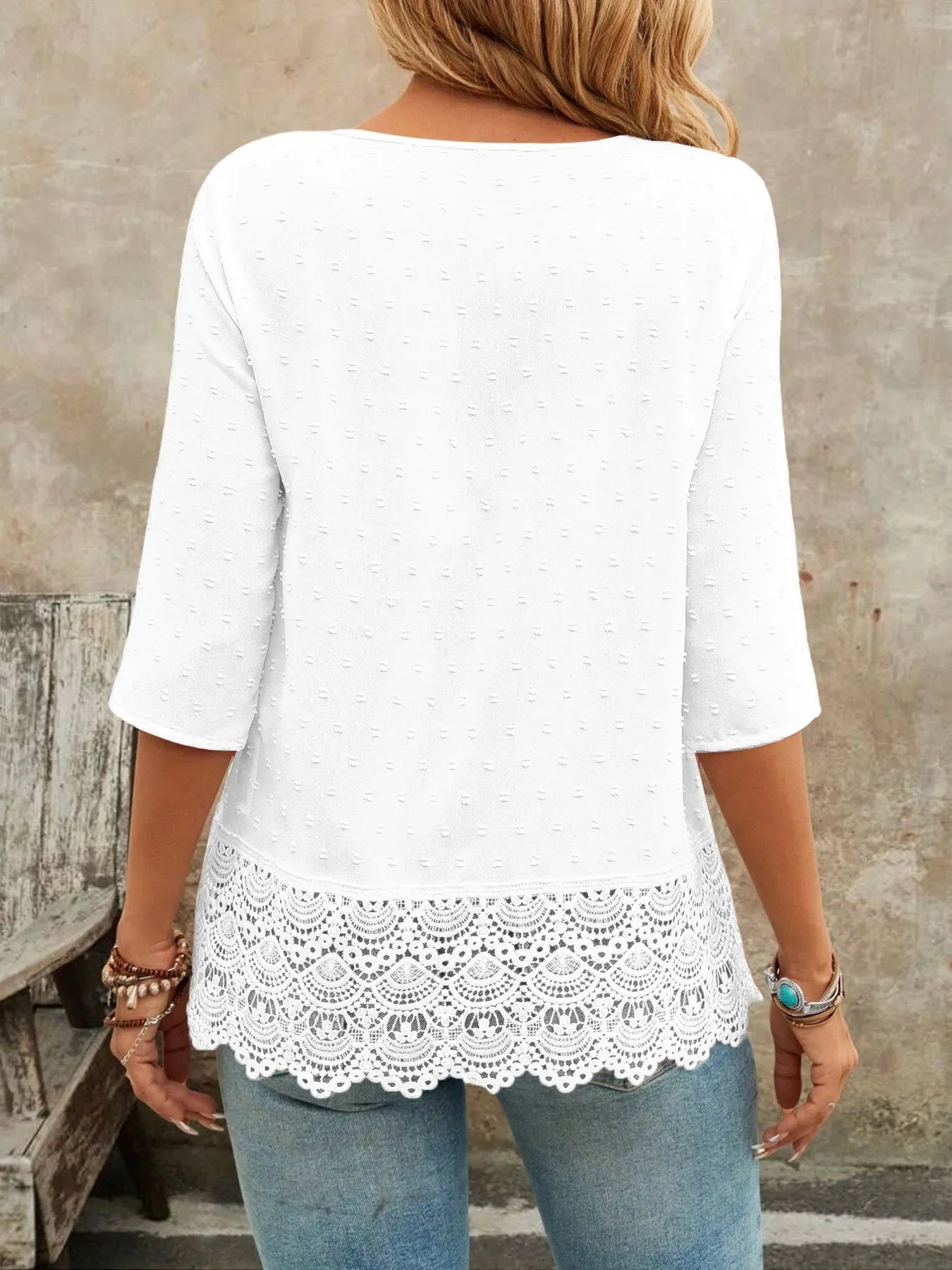 V-Neck Lace Hem Blouse With Decorative Button - Southern Shores Clothing