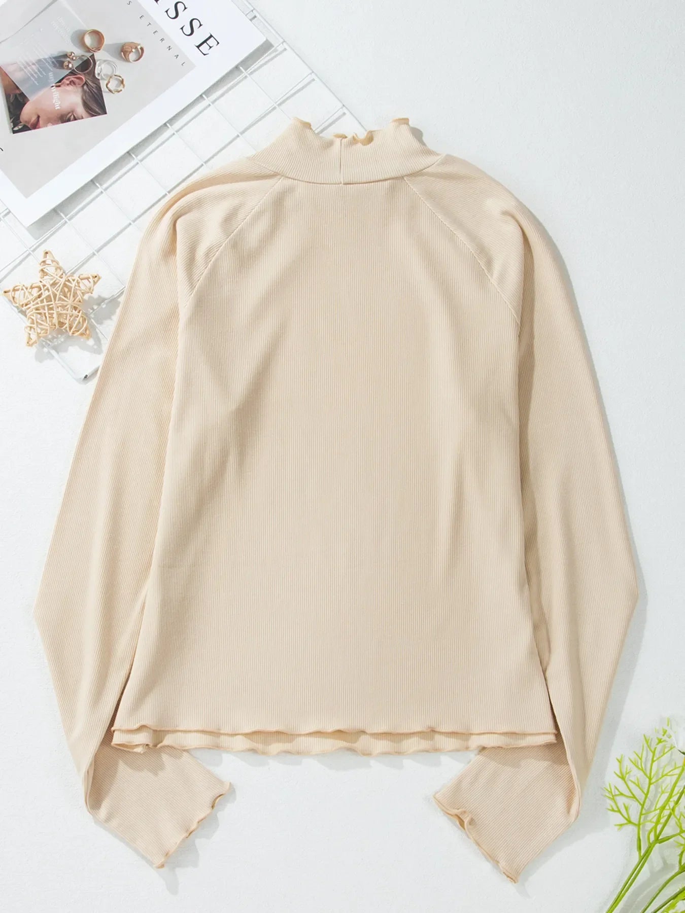 Ribbed Knit Lettuce Trim Mock Neck Long Sleeve Top - Southern Shores Clothing