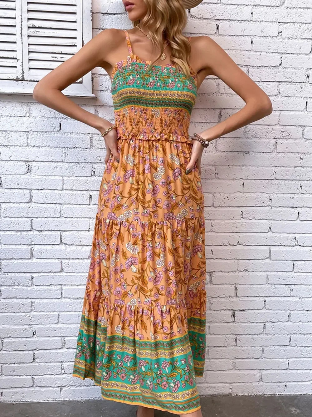 Floral Printed Square Neck Midi Cami Dress With Smocked Bodice - Southern Shores Clothing