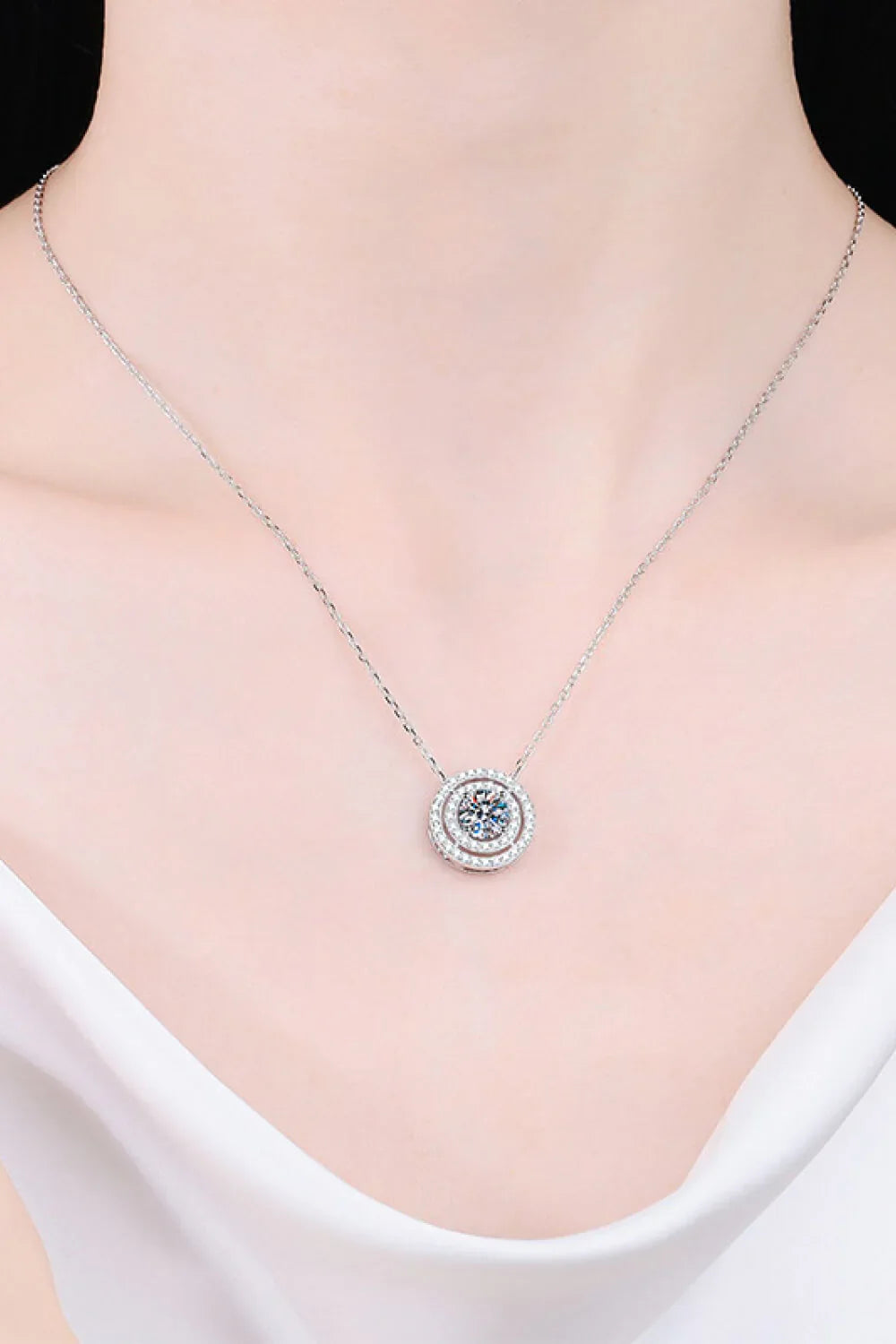 Rhodium Plated Moissanite Round Pendant Necklace - Southern Shores Clothing