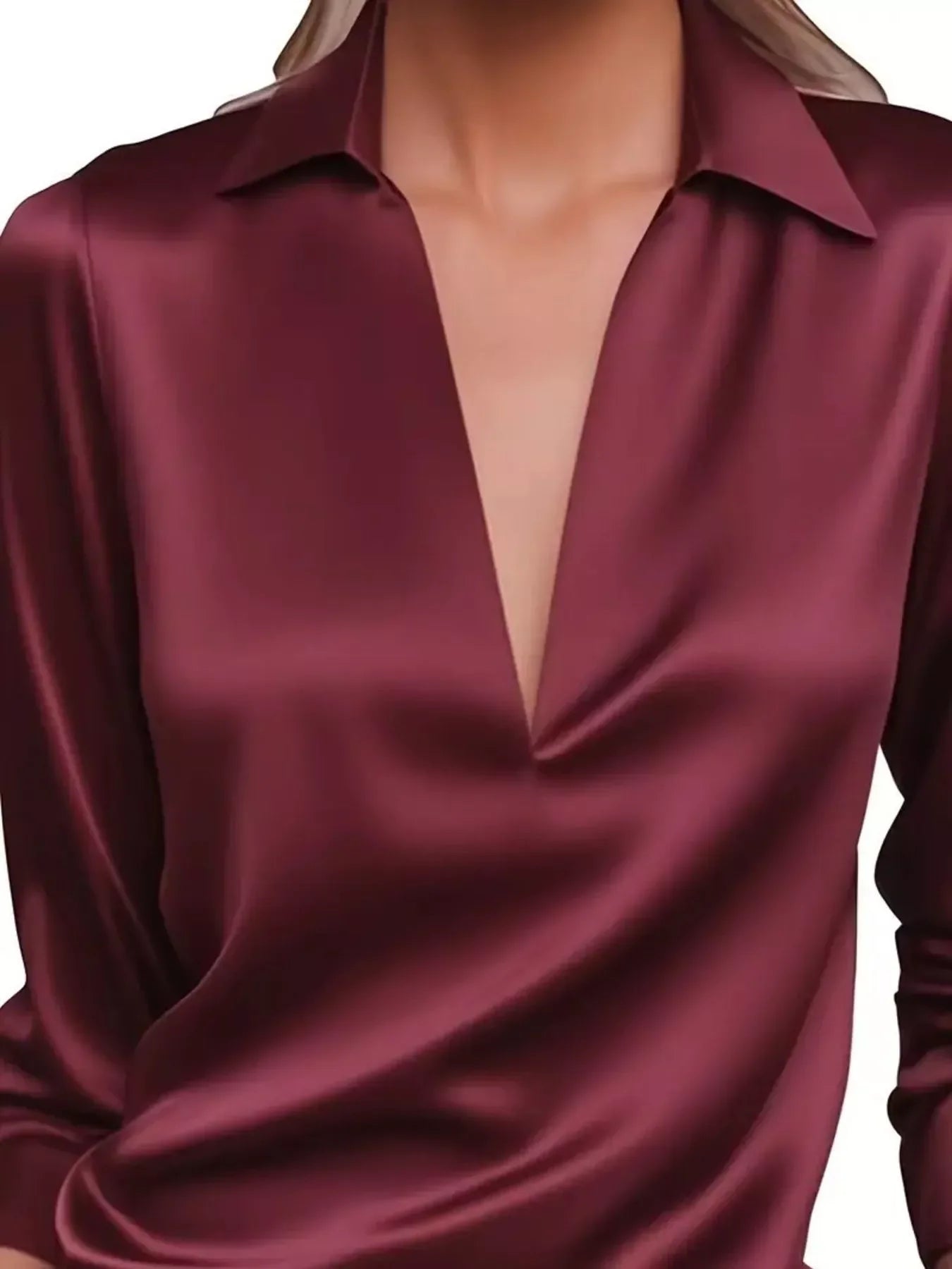 Satin Johnny Collar Long Sleeve Blouse Relaxed Fit - Southern Shores Clothing