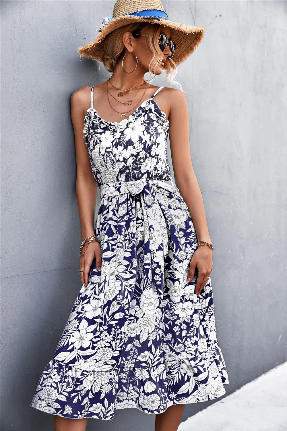 Floral Frill Trim Scoop Neck Spaghetti Strap Dress - Southern Shores Clothing