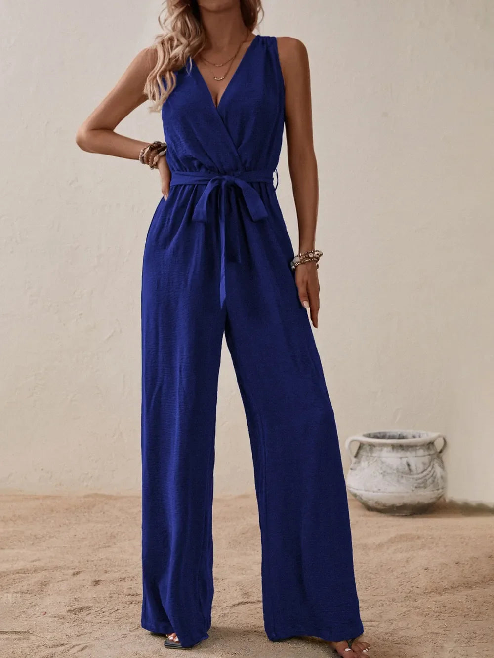 Tied Surplice Sleeveless Wide Leg Jumpsuit - Southern Shores Clothing