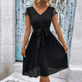 Perfee V-Neck Tie Belt Pleated Dress - Southern Shores Clothing