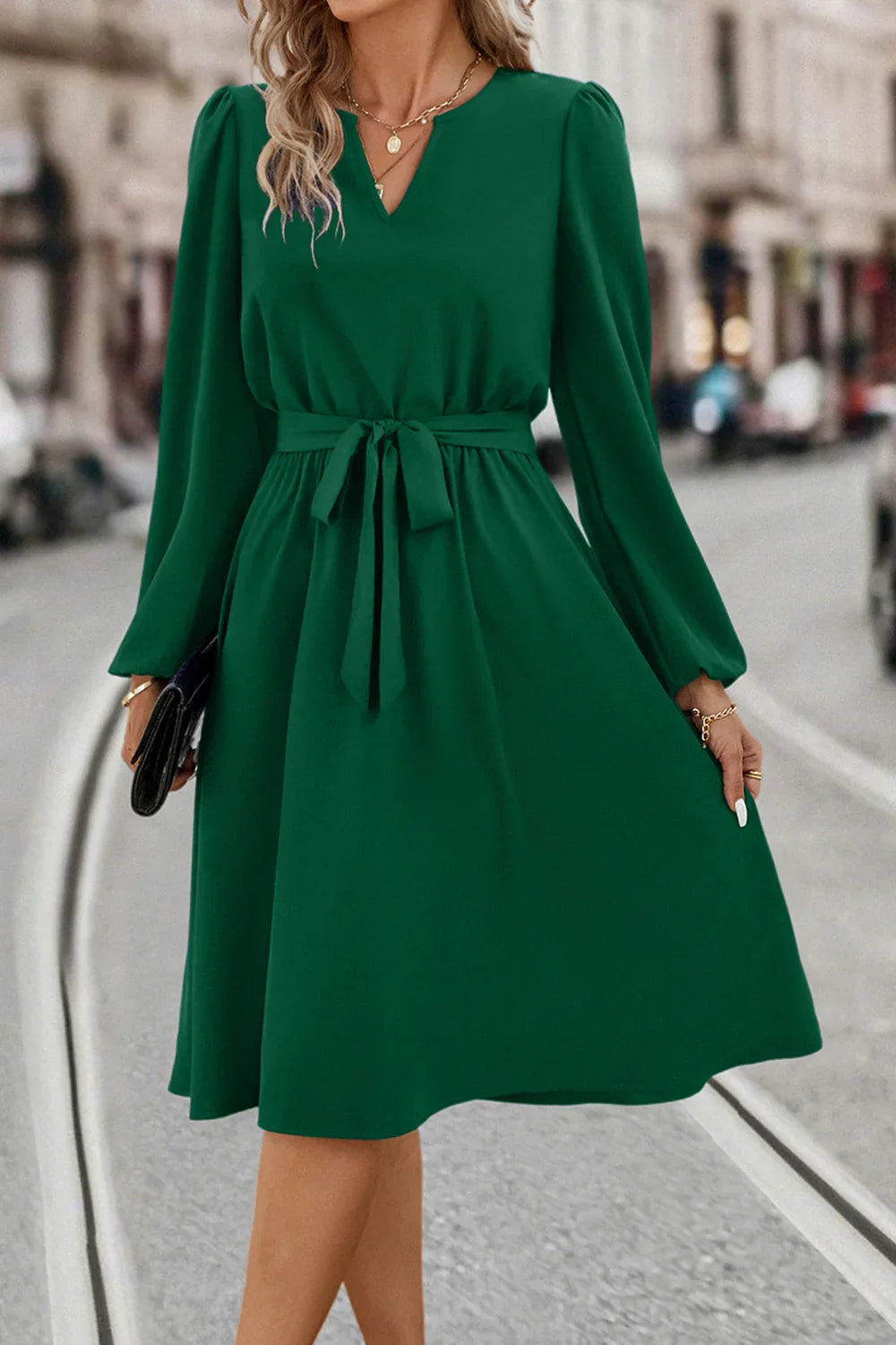 Tie Waist Notched Neck Long Sleeve Dress - Southern Shores Clothing