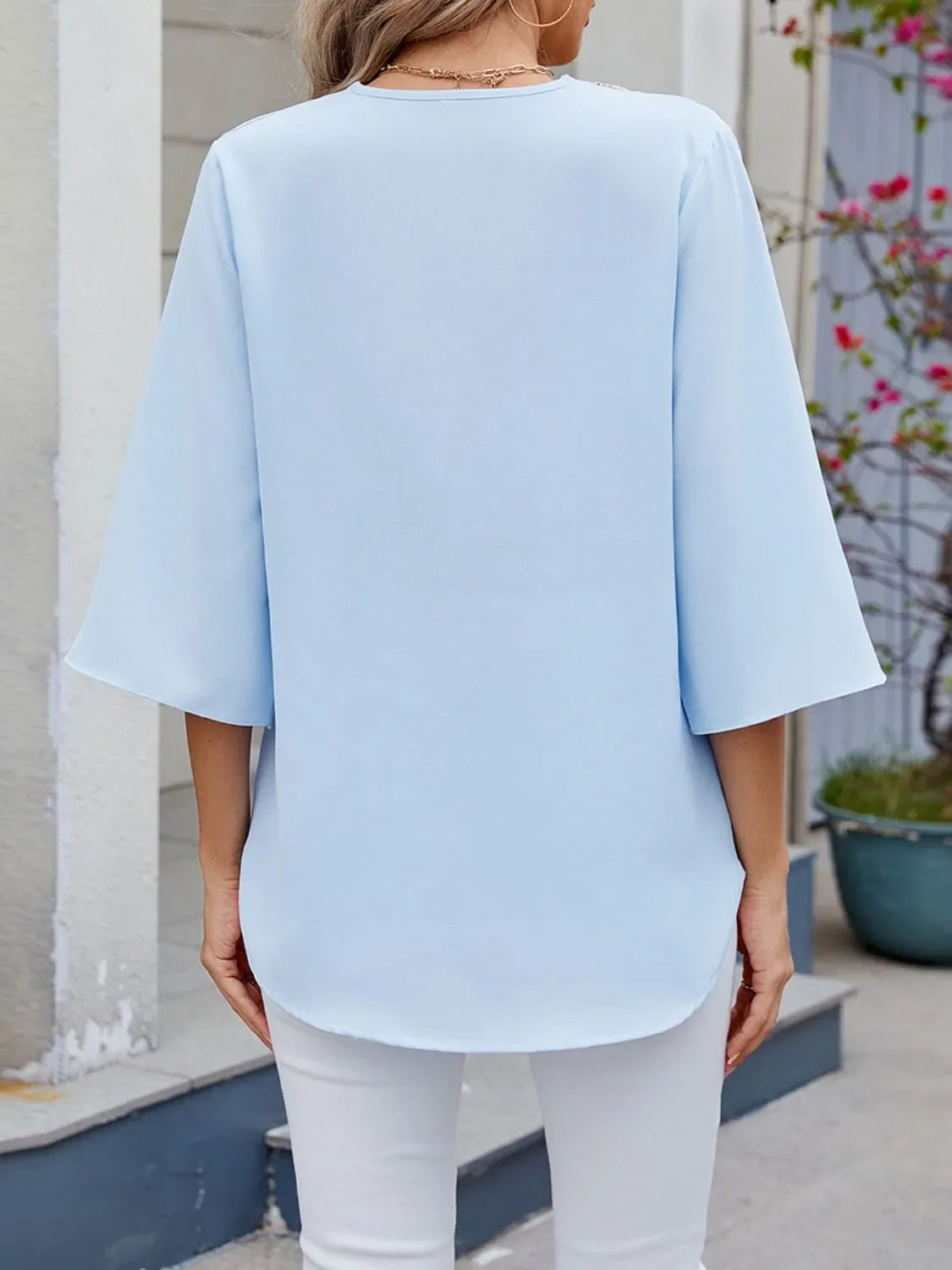 V-Neck Three Quarter Sleeve Lace Blouse Rayon Blend Fabric - Southern Shores Clothing