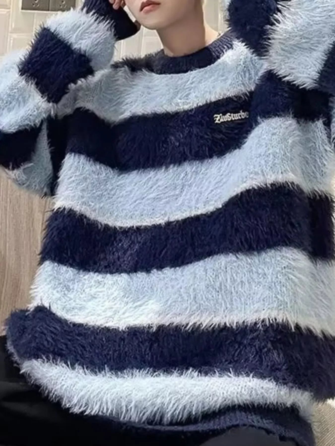 Oversized Striped Fuzzy Knit Pullover Cozy Coastal Sweater - Southern Shores Clothing