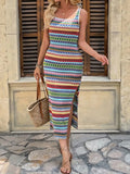 Square Neck Wide Strap Midi Tank Dress Patterned Stretch - Southern Shores Clothing