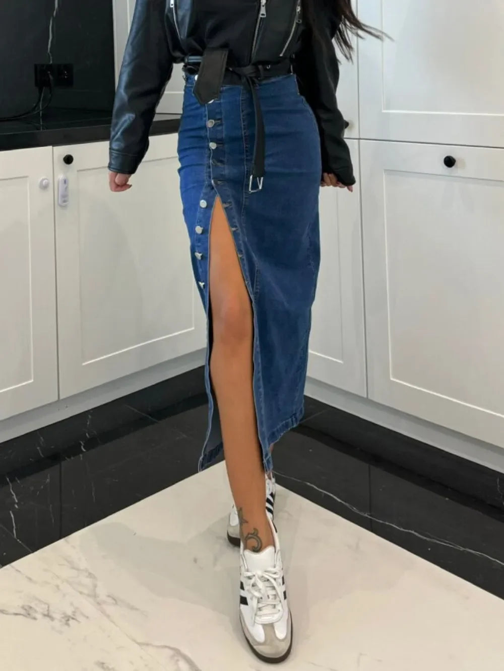 Midi Denim Skirt With Front Button Slit Style - Southern Shores Clothing