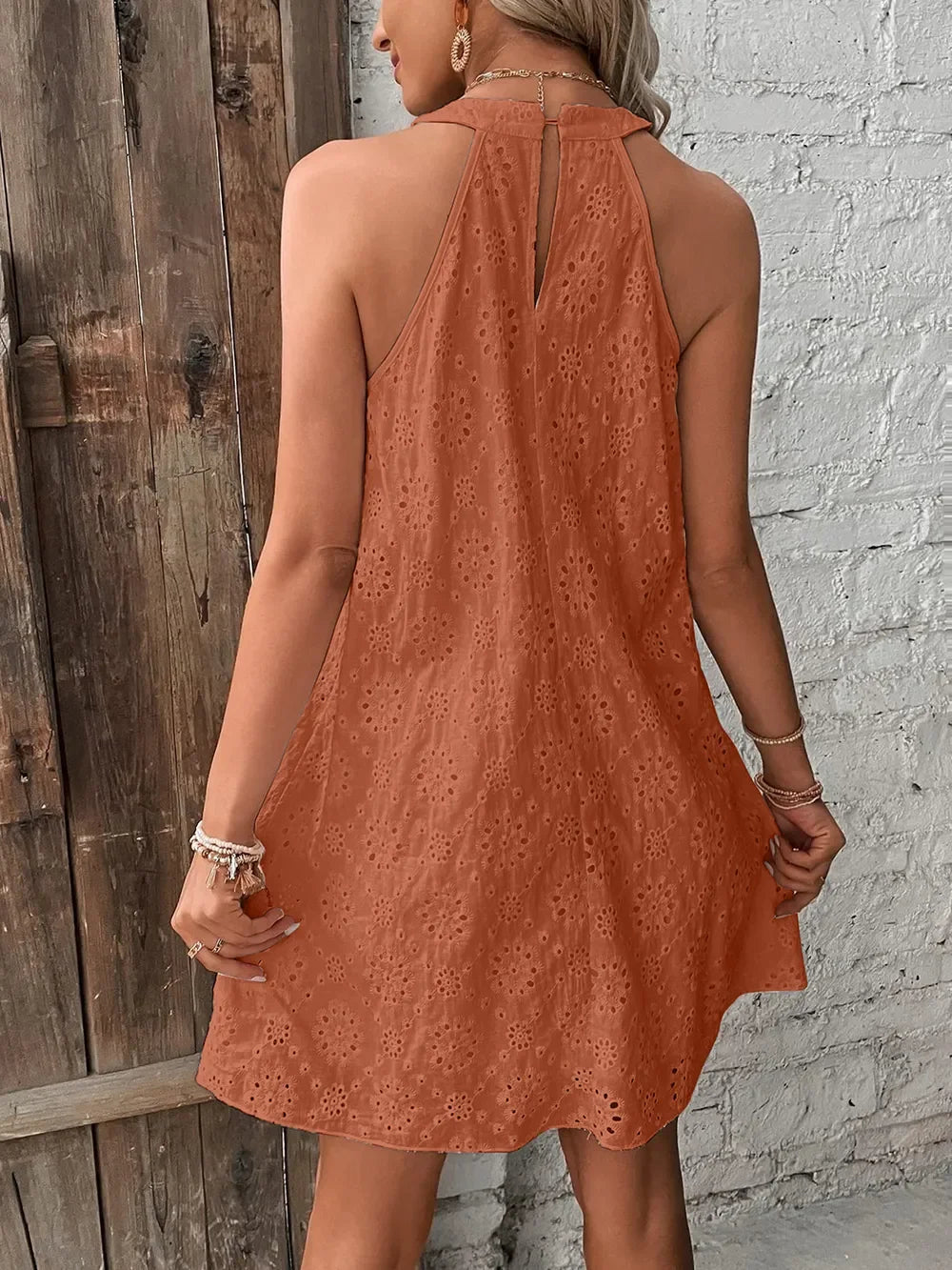 Eyelet Grecian Neck Mini Dress Coastal Style - Southern Shores Clothing