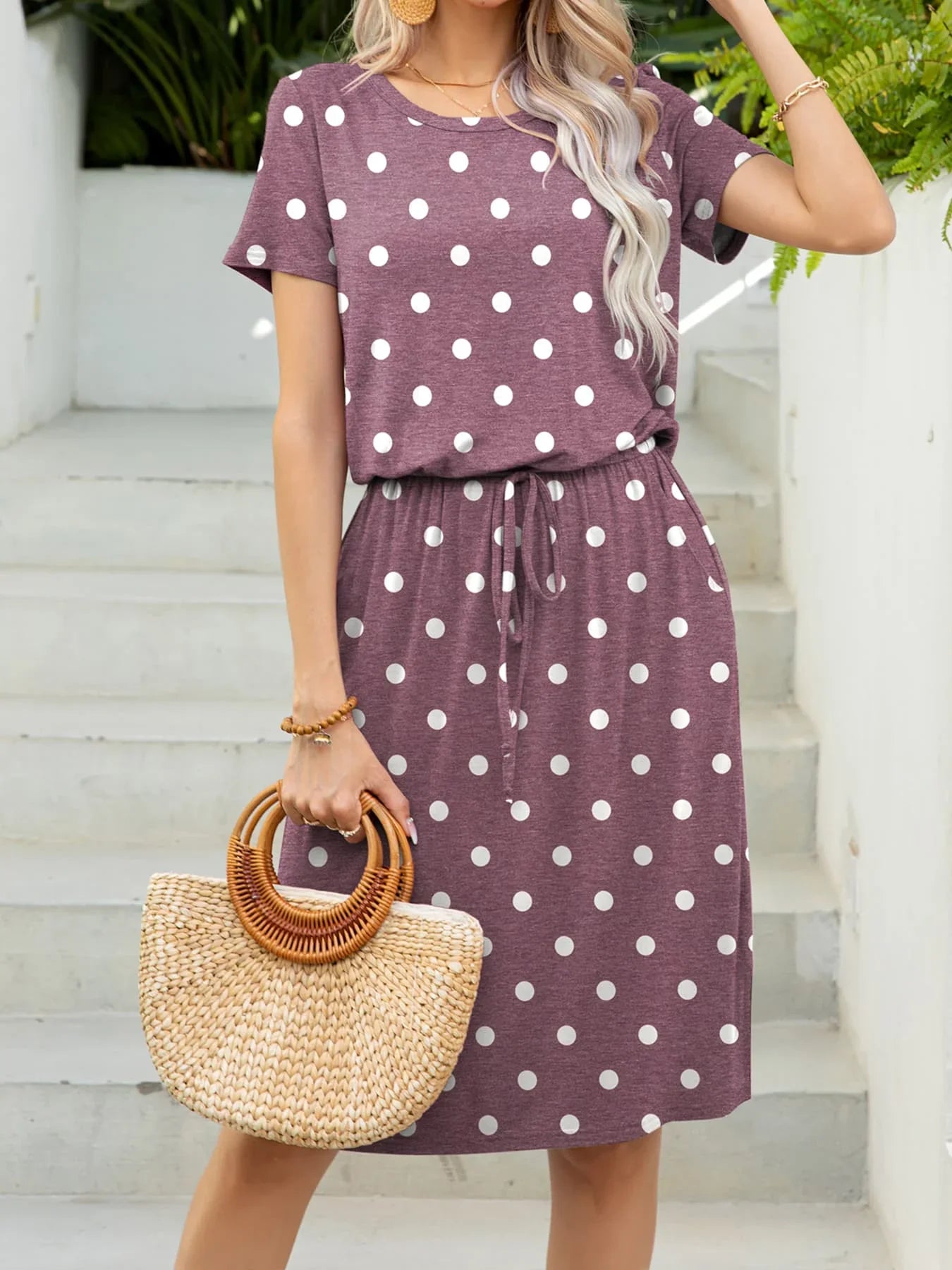 Round Neck Short Sleeve Slit Dress with Pockets - Southern Shores Clothing