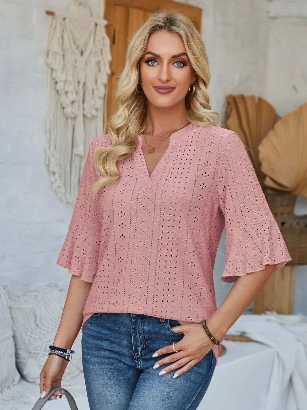 Eyelet Notched Half Sleeve T Shirt With Opaque Design - Southern Shores Clothing