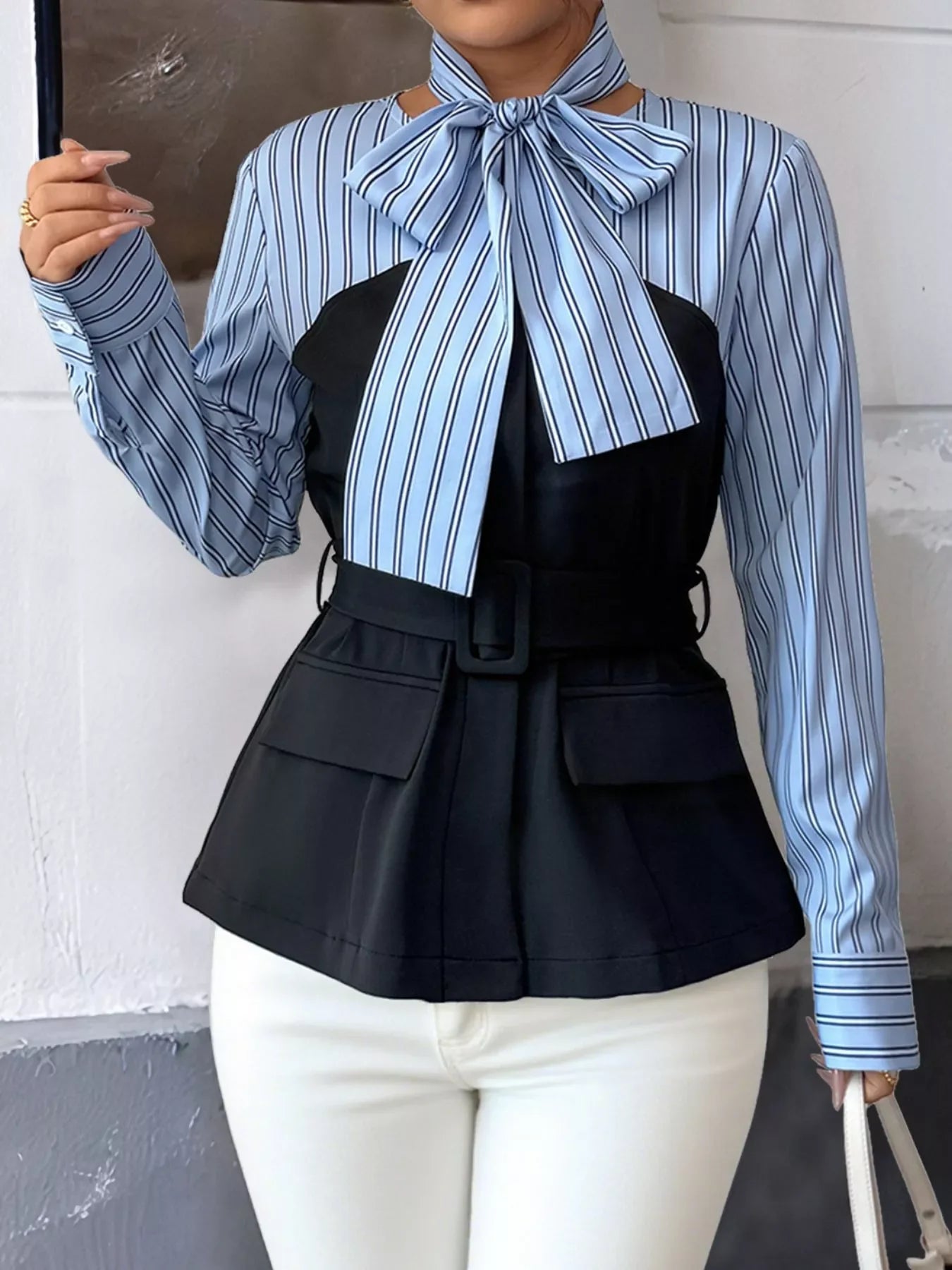 Striped Long Sleeve Buttoned Blouse With Bow Tie - Southern Shores Clothing