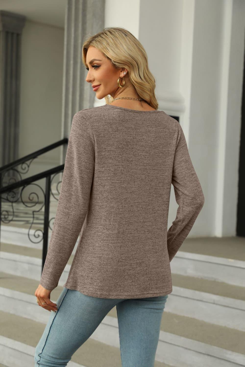Square Neck Long Sleeve Slit Stretchy T Shirt - Southern Shores Clothing