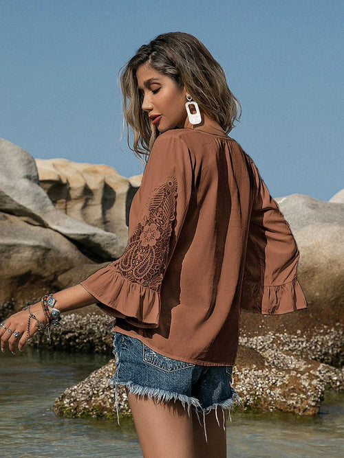 Southern Shores Clothing Elegant Openwork V-Neck Flounce Sleeve 100% Viscose Blouse For Everyday Wear - Southern Shores Clothing