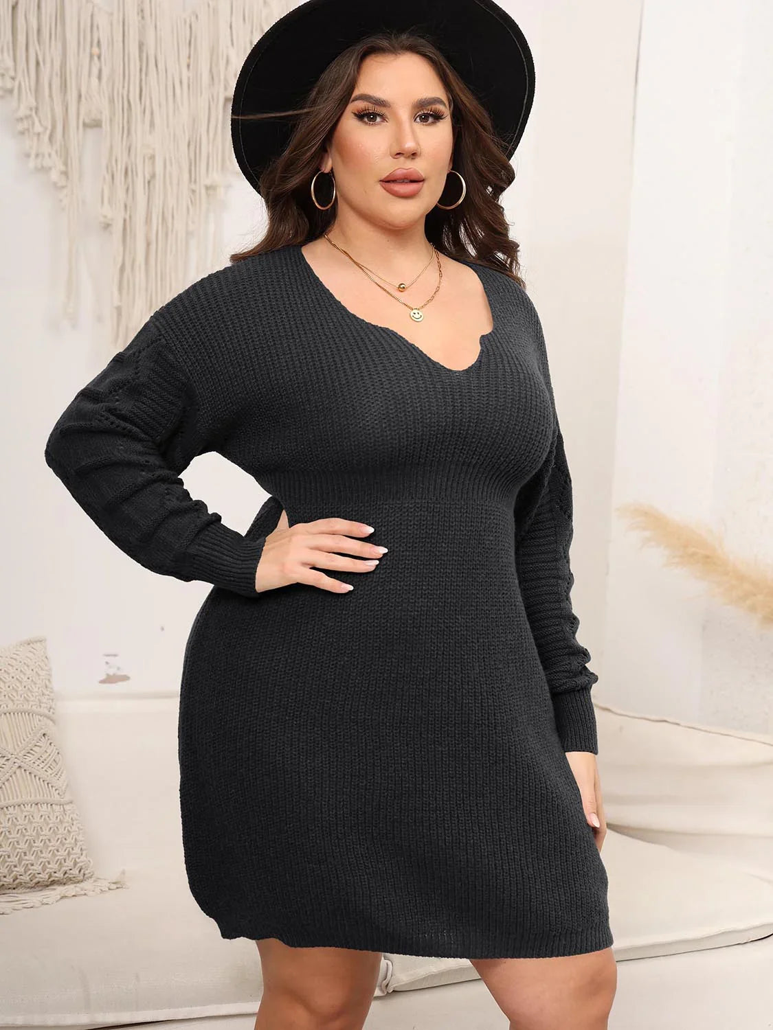 Plus Size Dropped Shoulder Long Sleeve Knit Mini Dress - Southern Shores Clothing