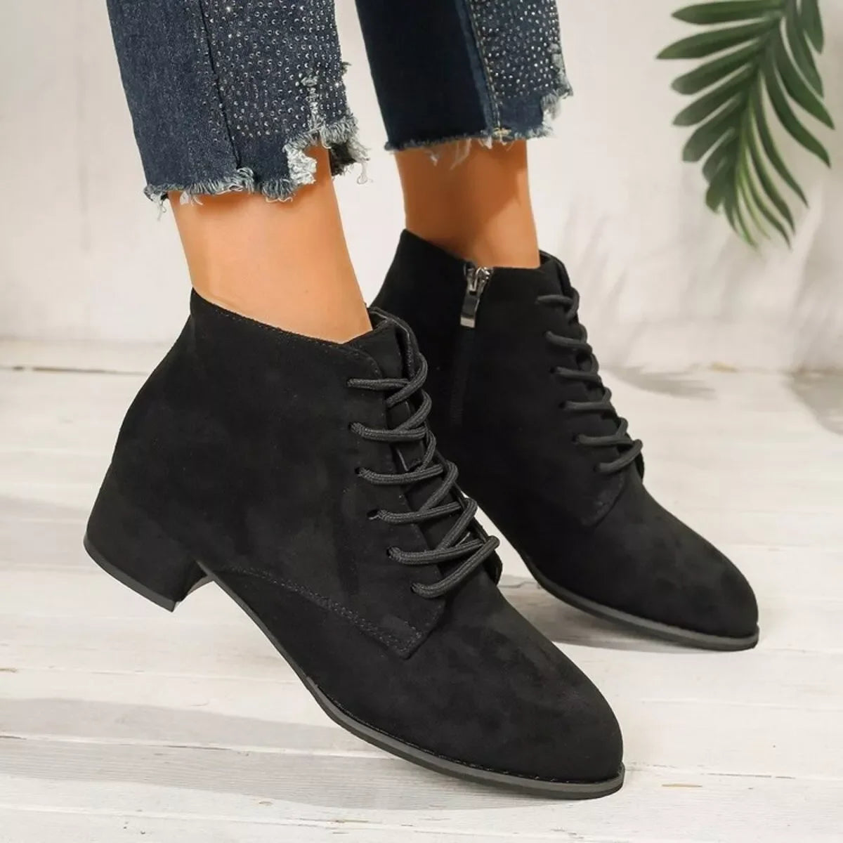 Lace-Up Block Heel Boots Suede Rubber Classic