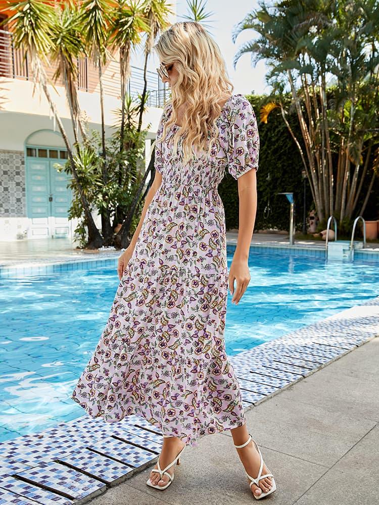 Printed Square Neck Short Sleeve Midi Dress - Southern Shores Clothing