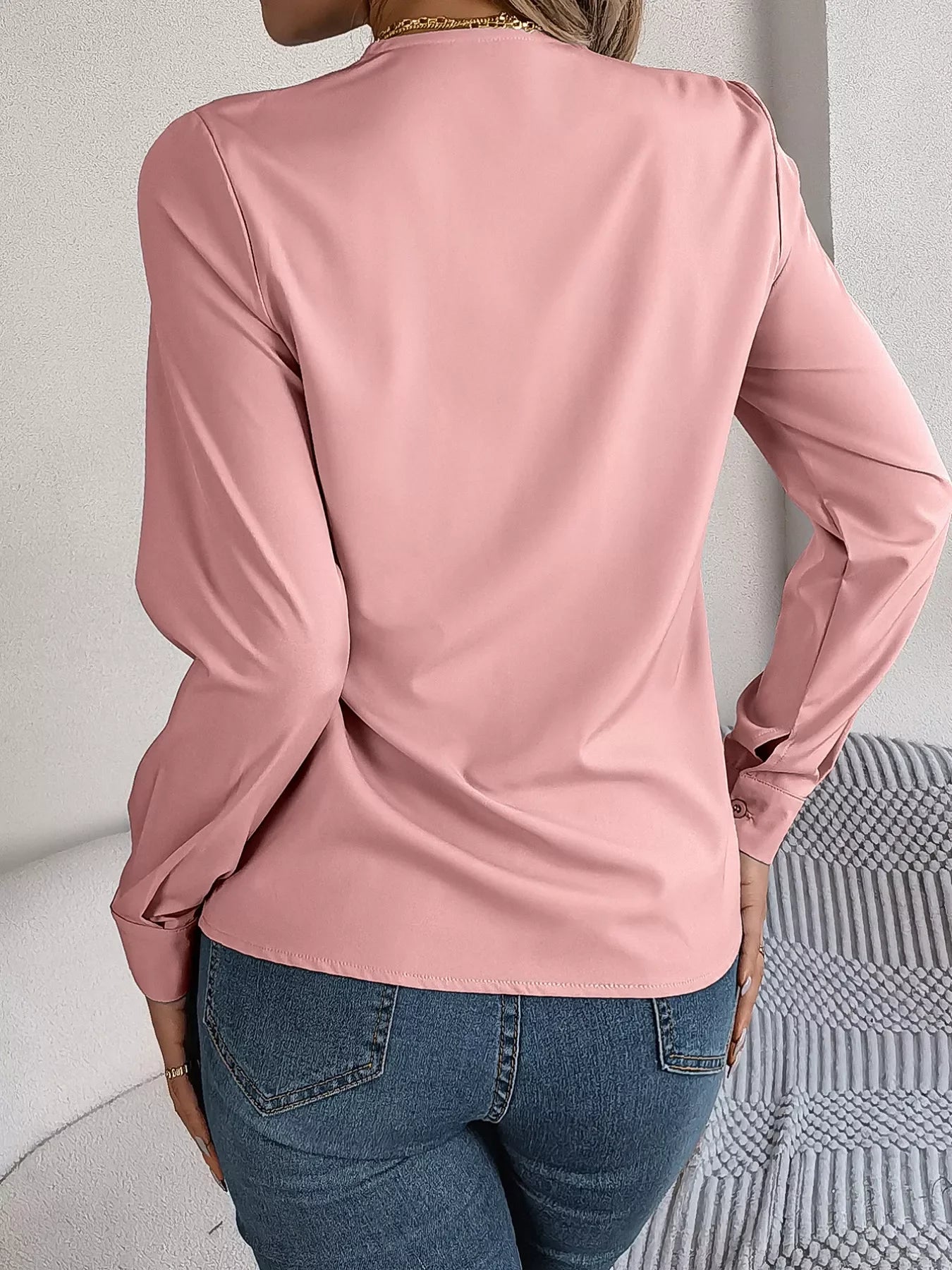 Layered V-Neck Long Sleeve Polyester Blouse - Southern Shores Clothing