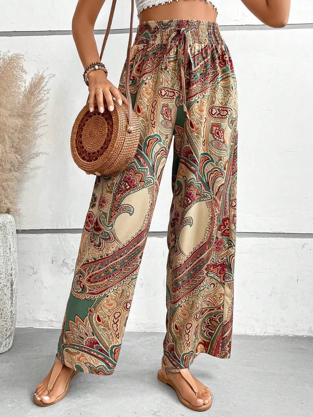 Printed Wide Leg Pants With Paisley Print Drawstring Waist - Southern Shores Clothing