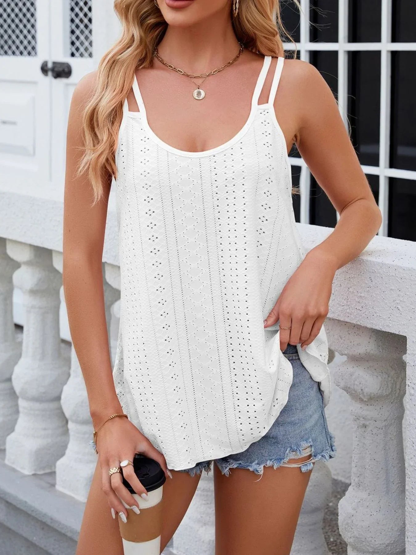 Eyelet Double Strap Cami Top With Intricate Pattern Details - Southern Shores Clothing