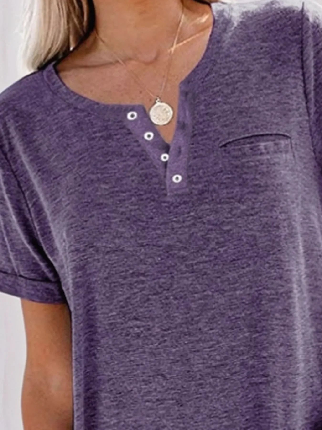 Plus Size Notched Short Sleeve T Shirt With Button Detail - Southern Shores Clothing