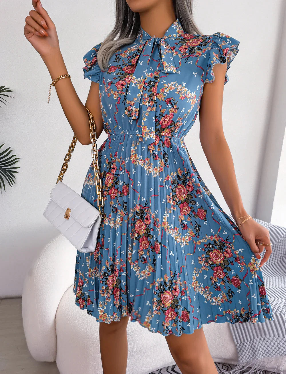 Pleated Floral Printed Tie Neck Knee Length Dress - Southern Shores Clothing
