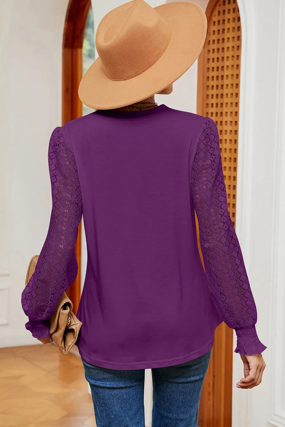 Openwork V-Neck Long Sleeve Sheer T-Shirt - Southern Shores Clothing