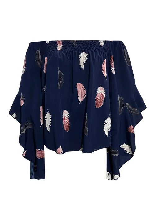 Feather Print Smocked Off Shoulder Blouse Polyester Blend - Southern Shores Clothing