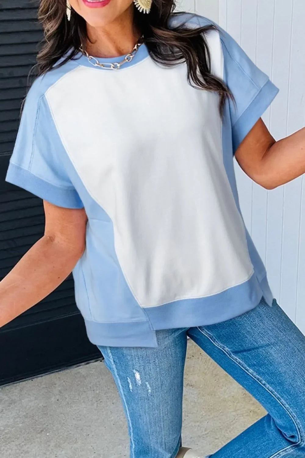 Block Exposed Seam Crew Neck T Shirt Casual - Southern Shores Clothing