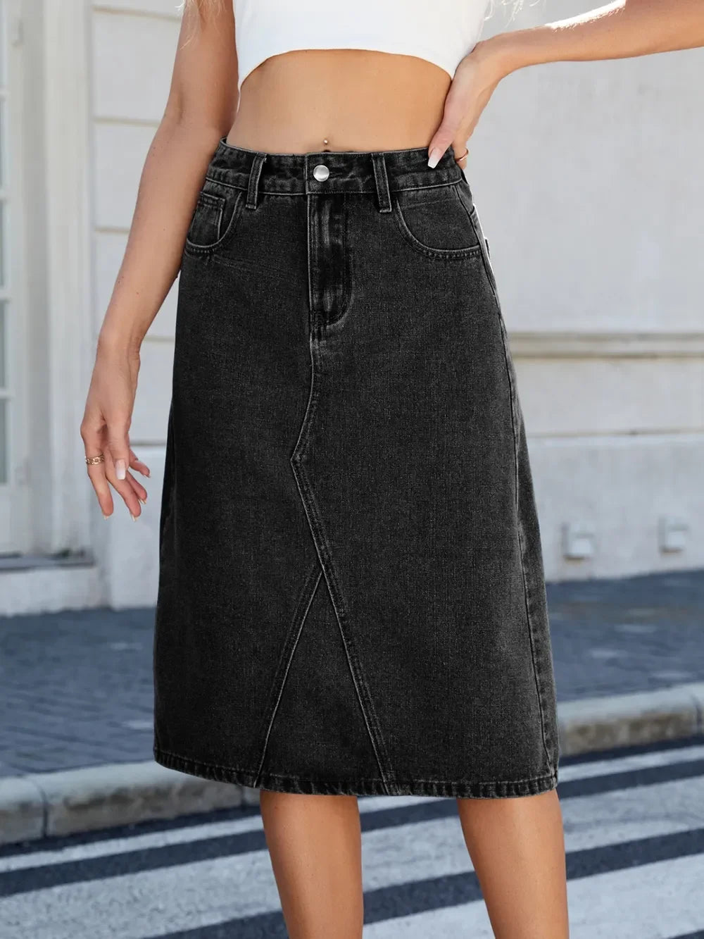 Relaxed Fit Denim Midi Skirt With Slit Back - Southern Shores Clothing