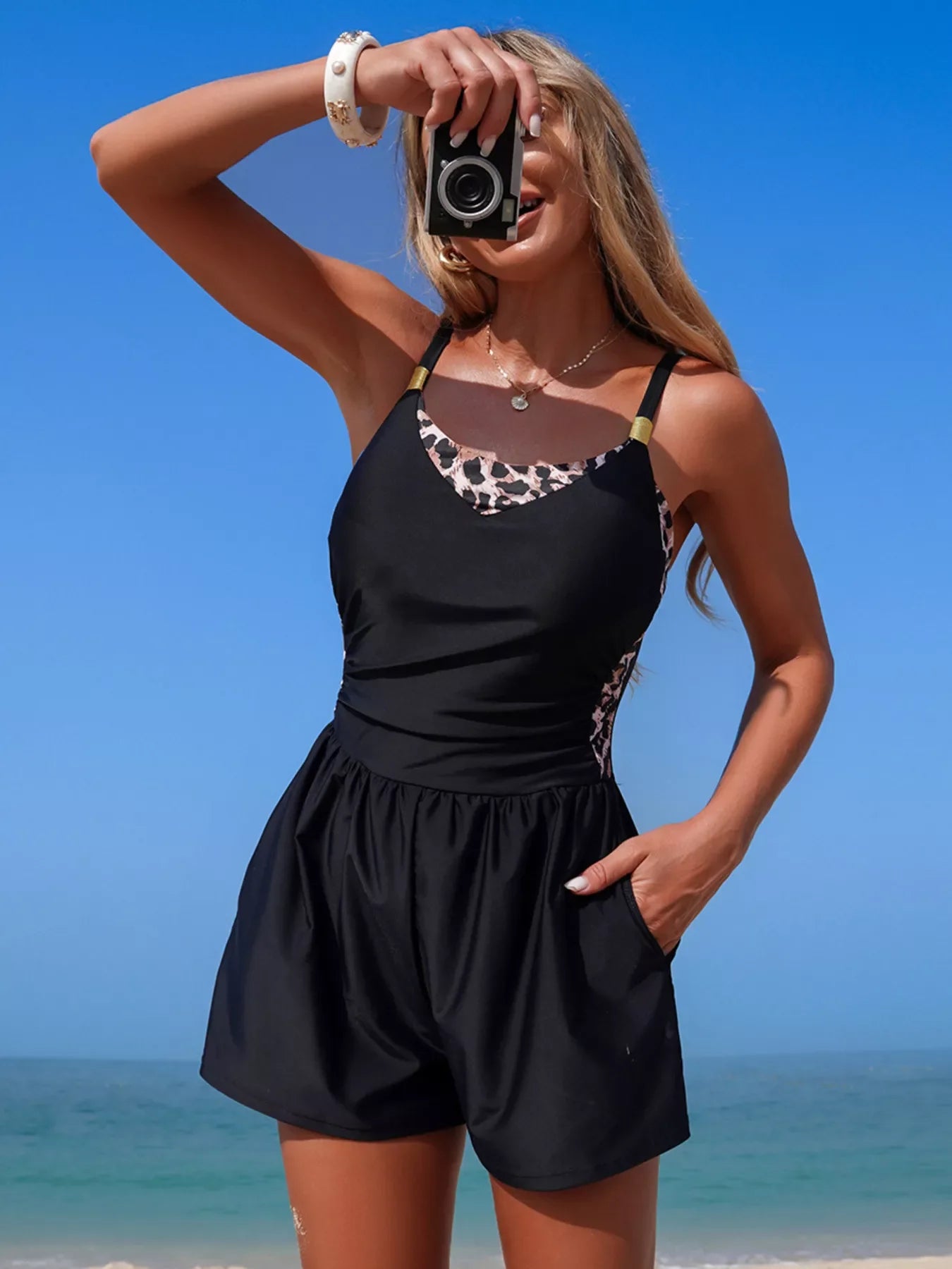 Block Pattern Adjustable Strap One Piece Swimsuit For Summer - Southern Shores Clothing