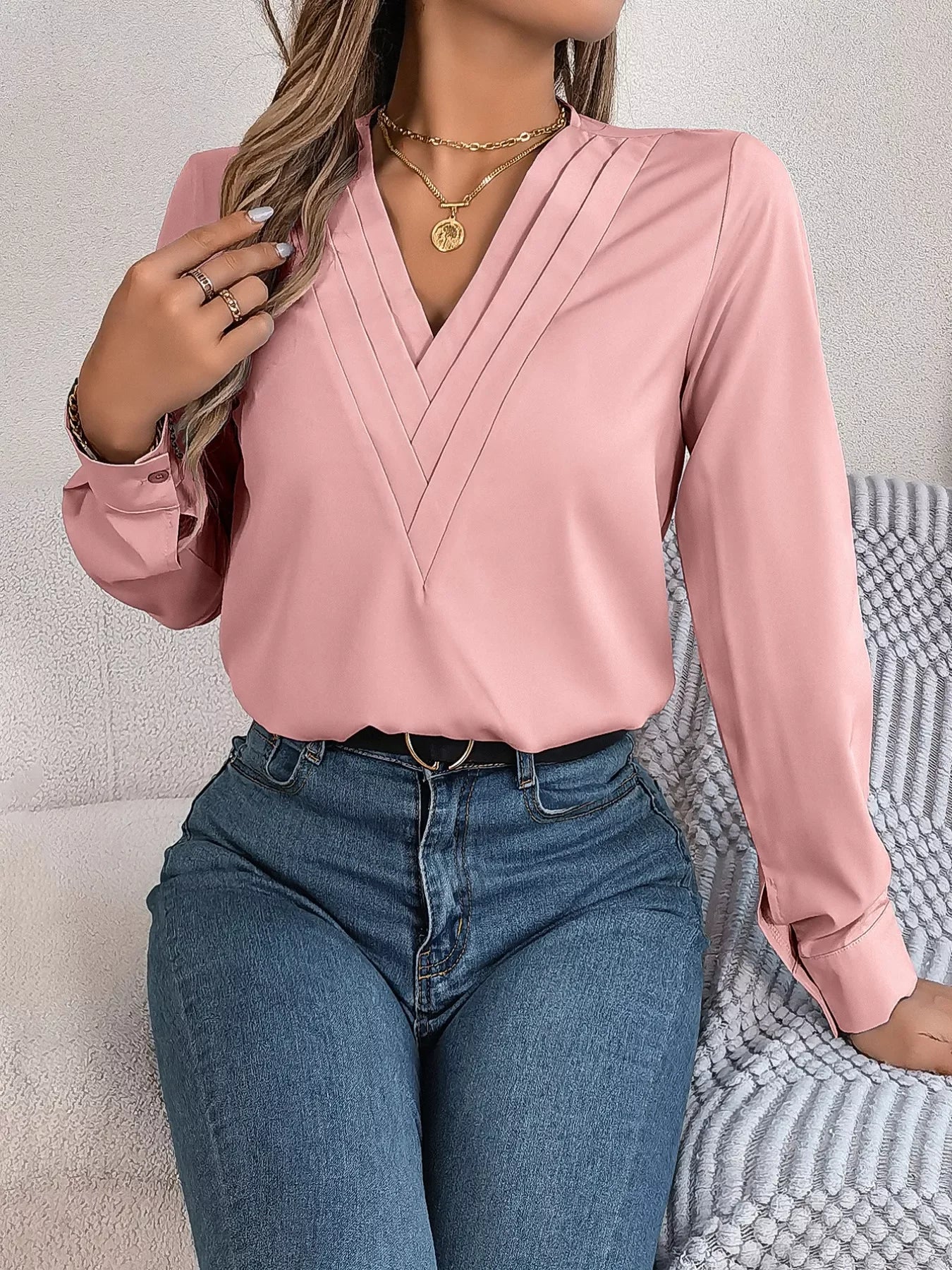 Layered V-Neck Long Sleeve Polyester Blouse - Southern Shores Clothing