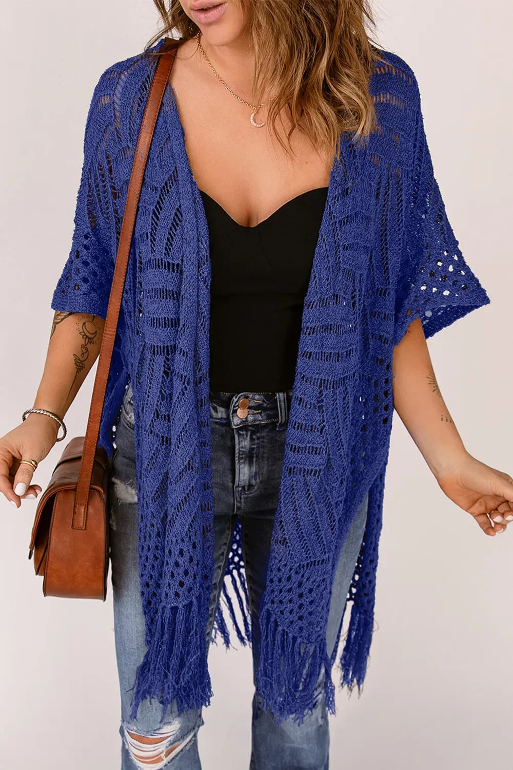 Lightweight Openwork Fringed Cardigan With Open Front - Southern Shores Clothing