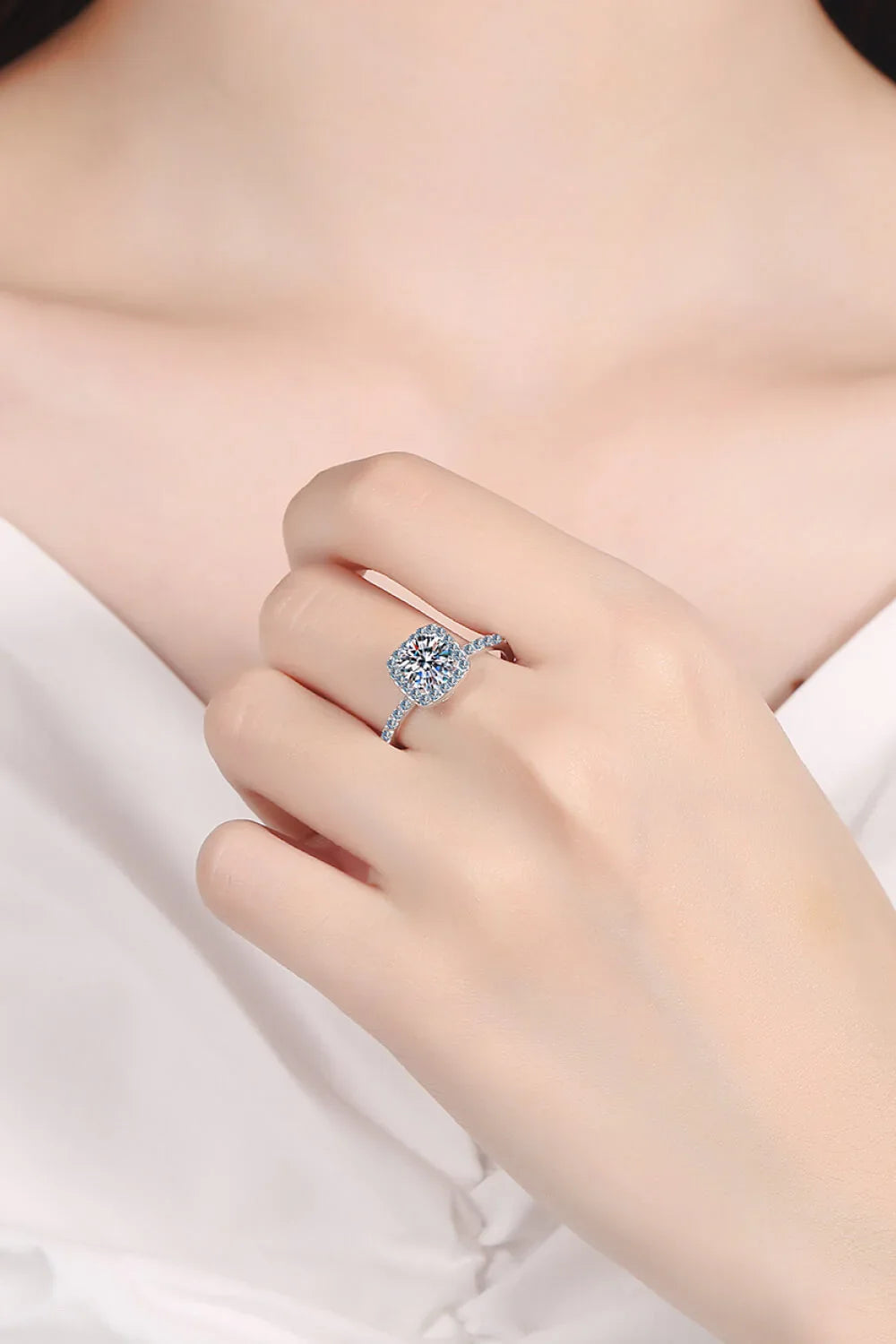 Square Moissanite Ring, Rhodium Plated Sterling Silver - Southern Shores Clothing
