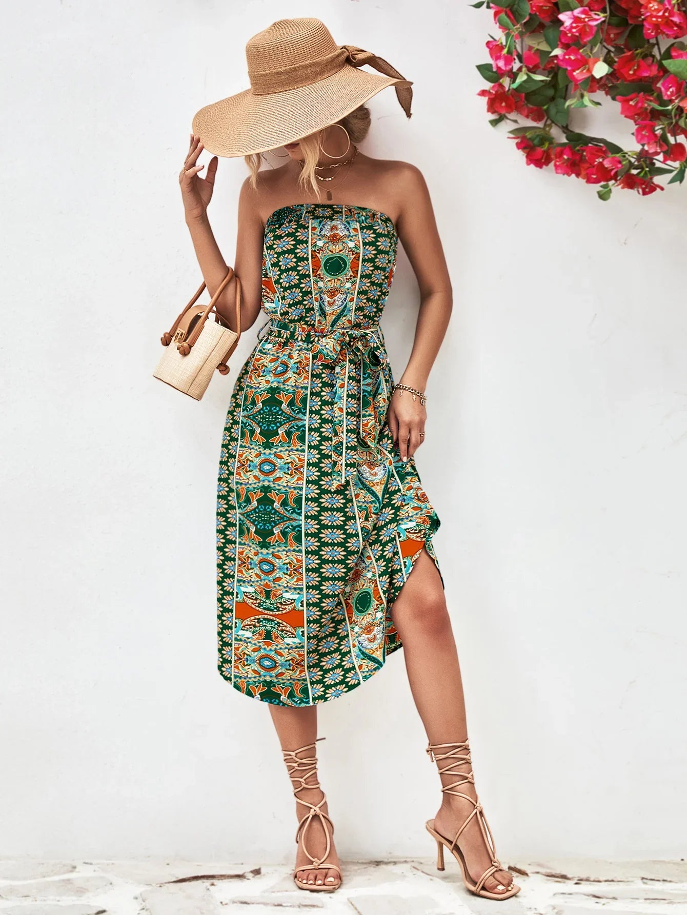 Printed Strapless Tie Belt Dress - Southern Shores Clothing