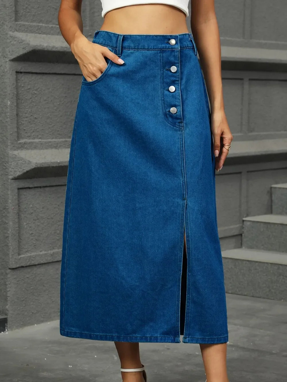Denim Midi Skirt With Slit Button Detail - Southern Shores Clothing