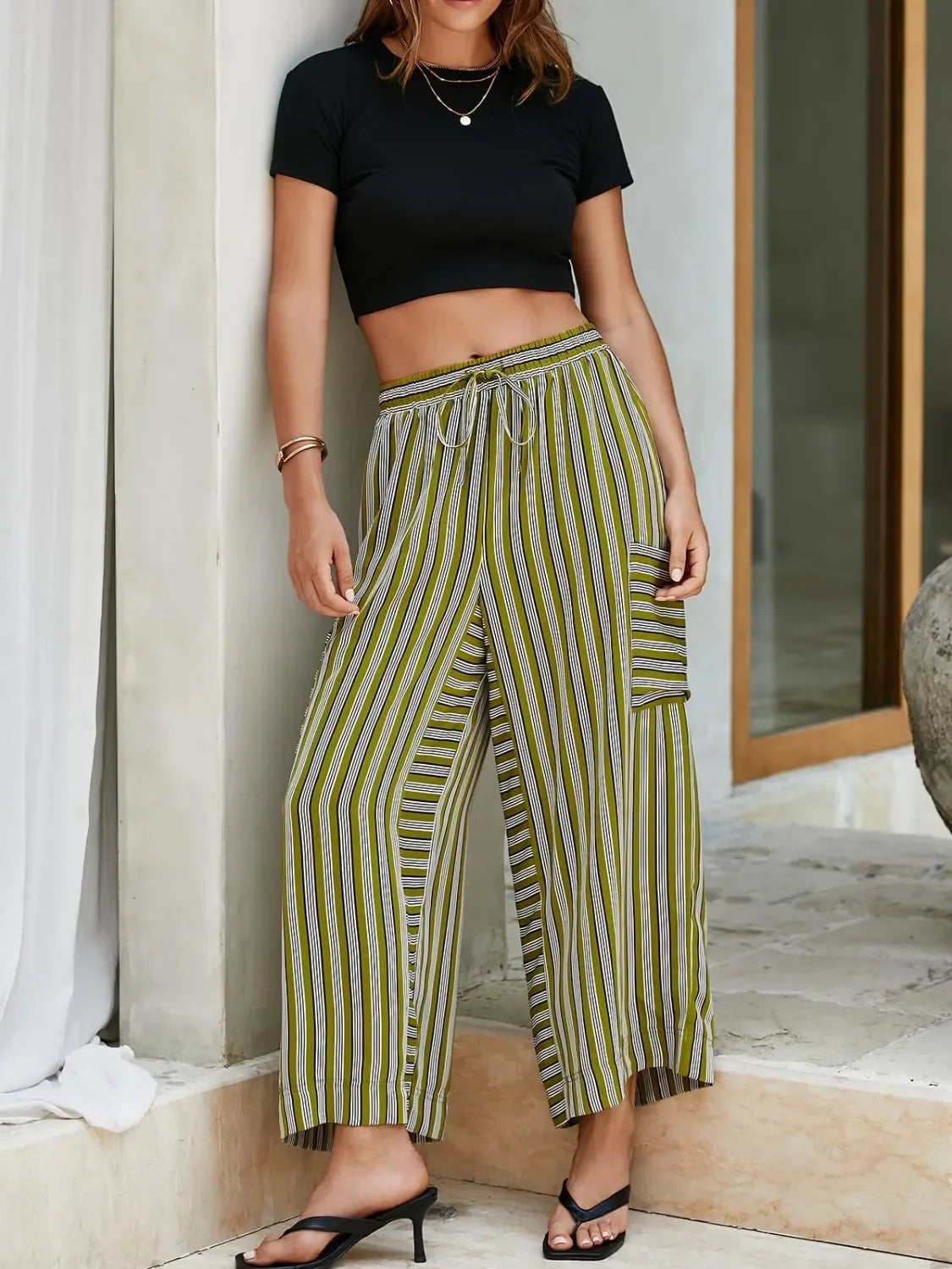 Wide Leg Contrast Striped Pants With Breathable Fabric - Southern Shores Clothing