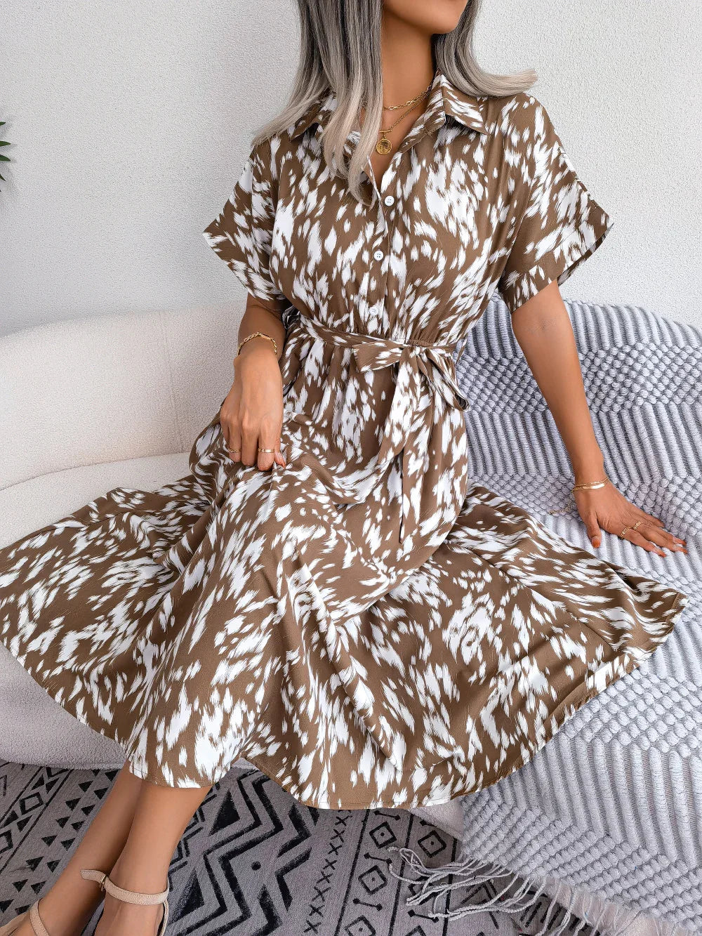 Printed Collared Neck Short Sleeve Tie Waist Dress - Southern Shores Clothing
