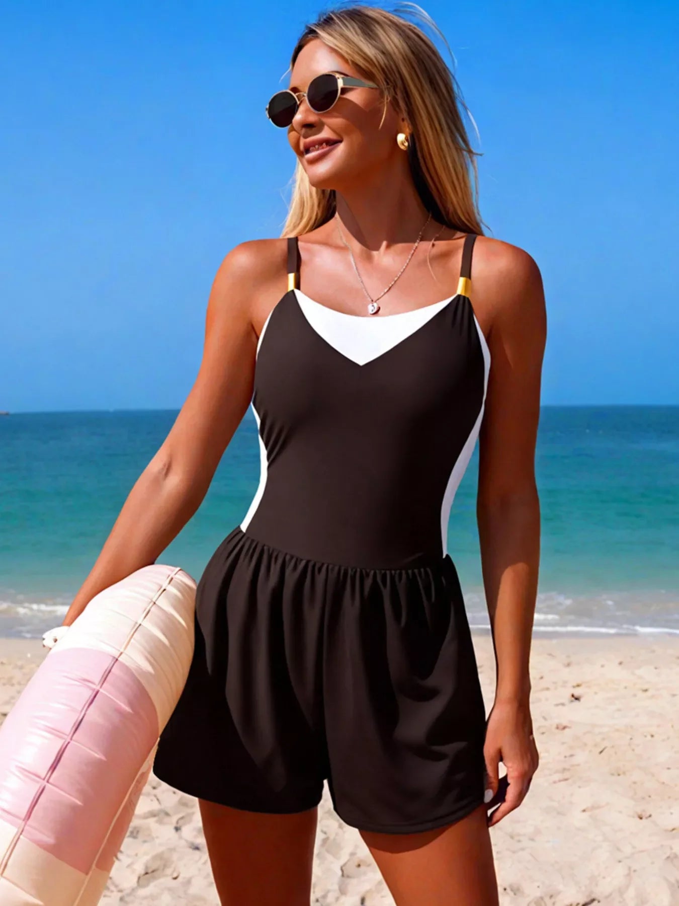 Block Pattern Adjustable Strap One Piece Swimsuit For Summer - Southern Shores Clothing