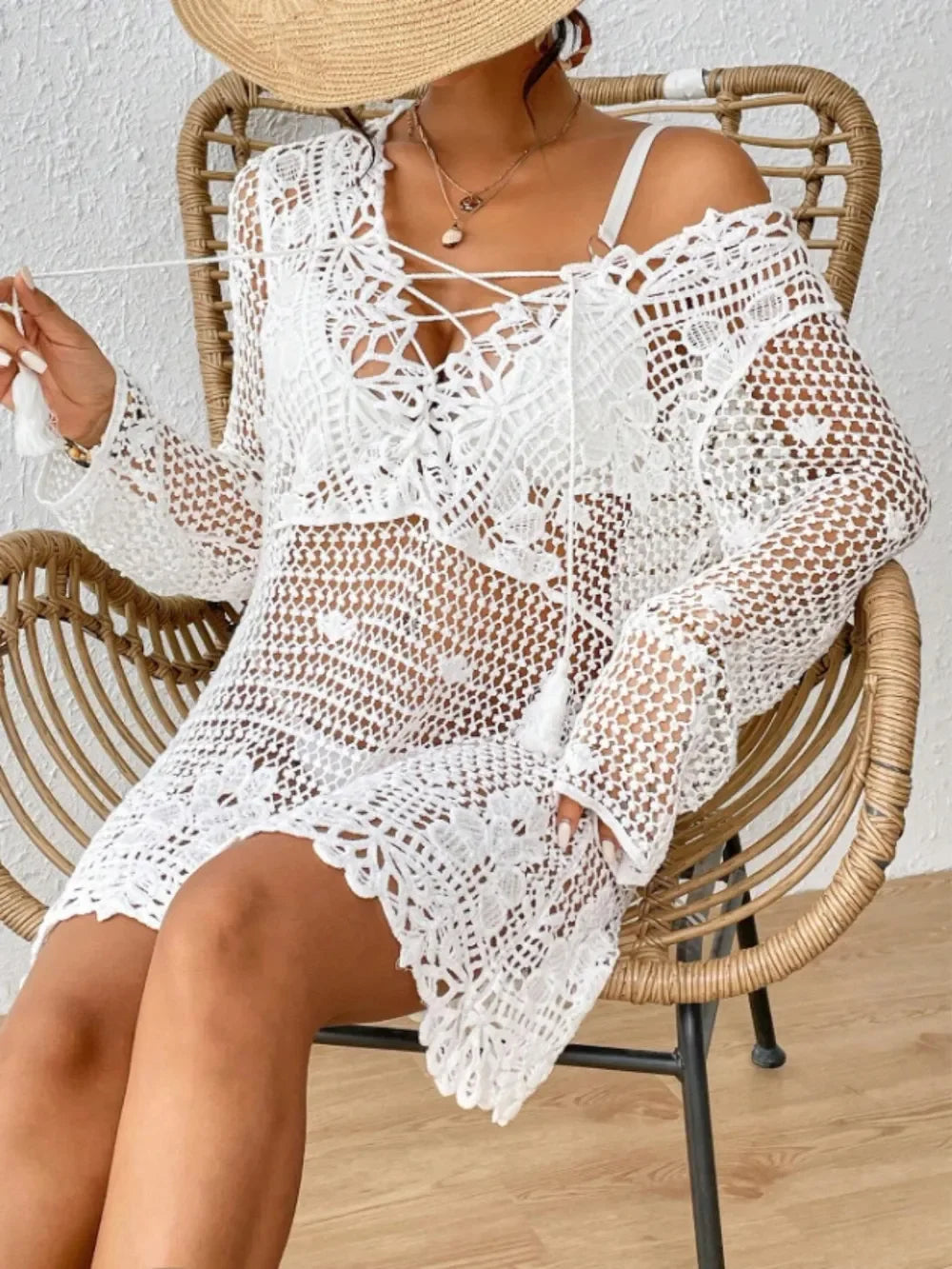 Cutout Tied V-Neck Long Sleeve Cover Up One Size - Southern Shores Clothing